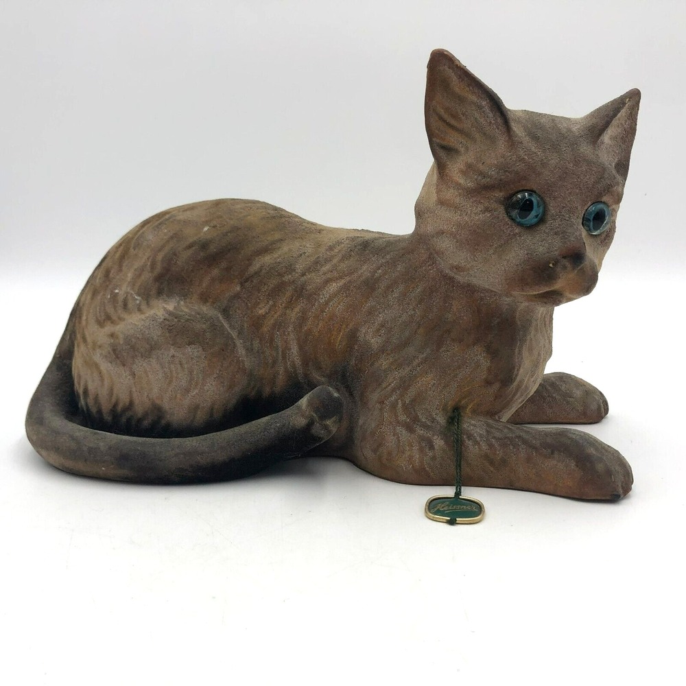 Rare Heissner Cat Mid Century 12" Long 7" high  Brown Blue Glass Eyes Vintage